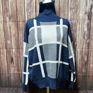 Annabelle Blue and White Grid Turtleneck Sweater